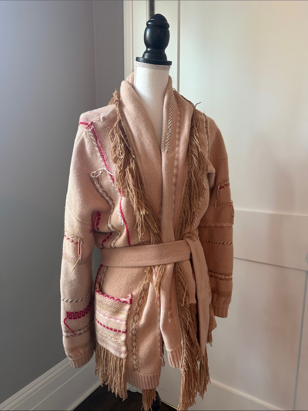Misa Los Angeles Pink-Beige Fringed Belted Knit Cardigan
